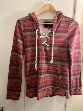 Hurley Women's Red and Pink Striped Lace-Up V-Neck Hoodie Sweater